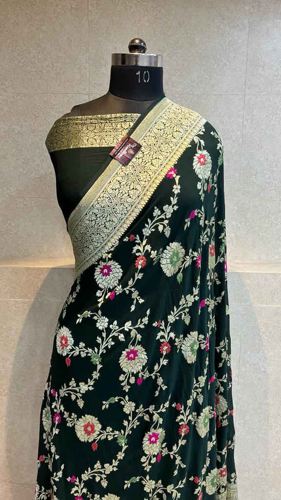 Khaddi Georgette Handloom Banarasi Saree - All over Jaal Work with meenakari - The Handlooms