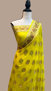 Yellow Pure Chiffon Khaddi Banarasi Saree - The Handlooms