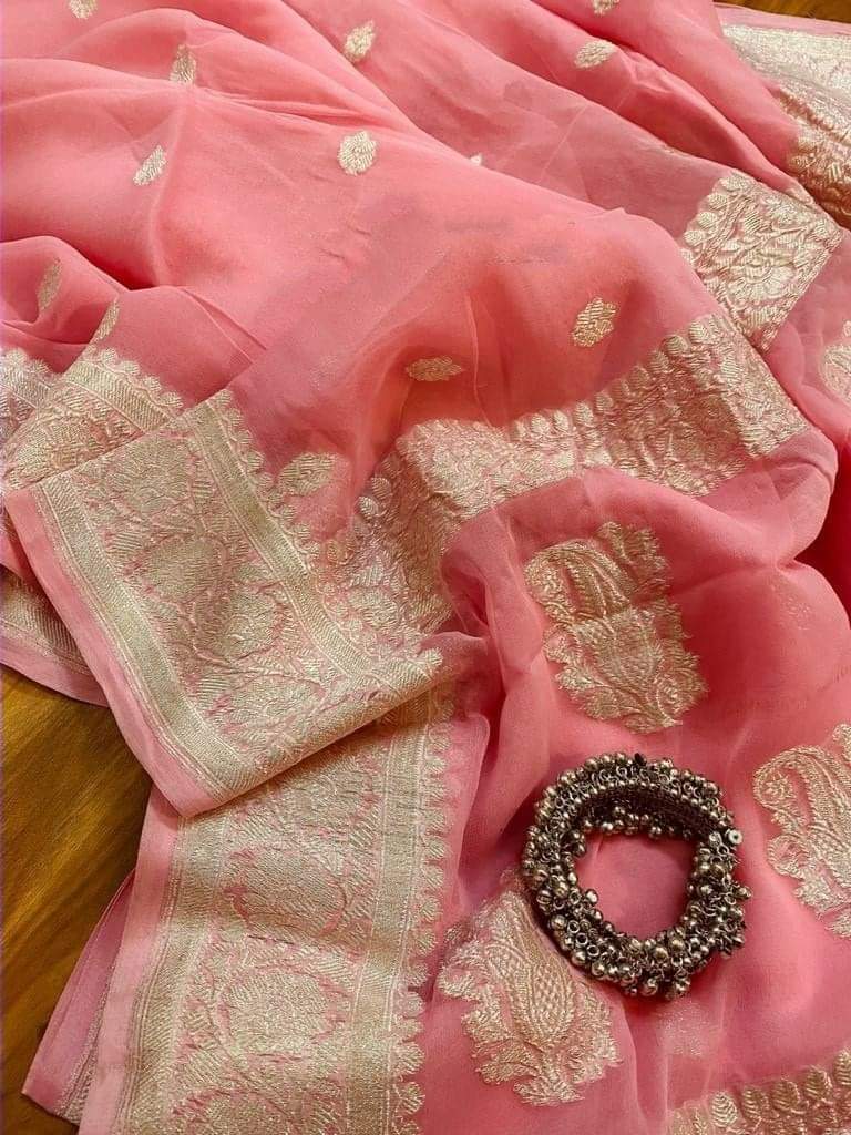 Pure Georgette Banarasi Saree - Pink - The Handlooms