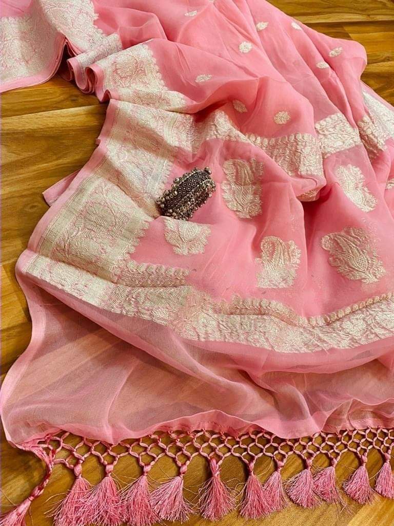 Pure Georgette Banarasi Saree - Pink - The Handlooms