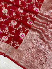 Red Khaddi Georgette Handloom Banarasi Saree - All over Jaal Work with meenakari - The Handlooms