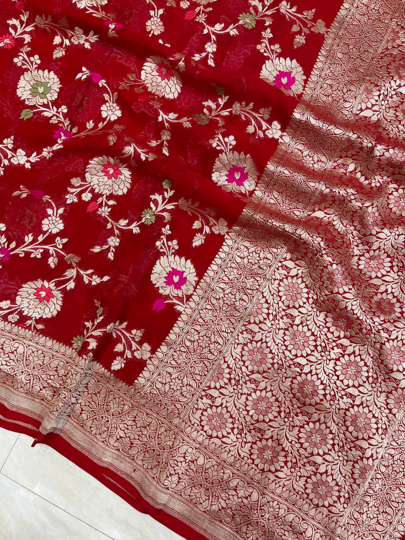Red Khaddi Georgette Handloom Banarasi Saree - All over Jaal Work with meenakari - The Handlooms