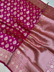Hot Pink Pure Katan Silk Banarasi Handloom Saree - All over Jaal work - The Handlooms