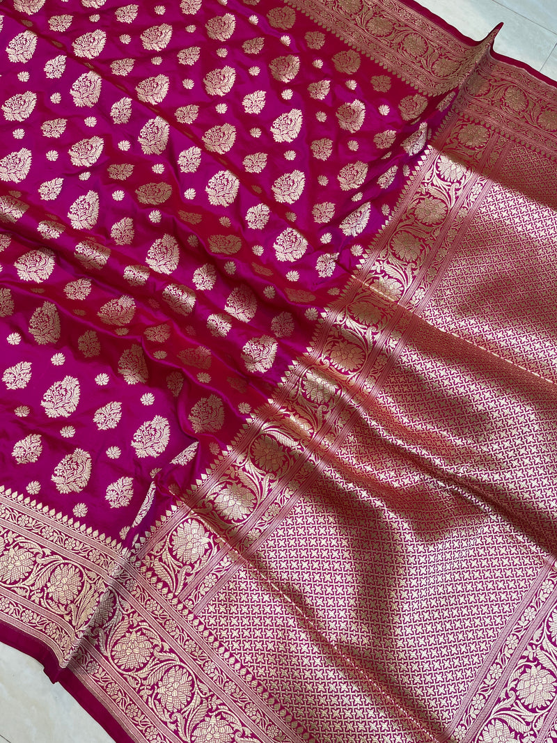 Hot Pink Pure Katan Silk Banarasi Handloom Saree - All over Jaal work - The Handlooms