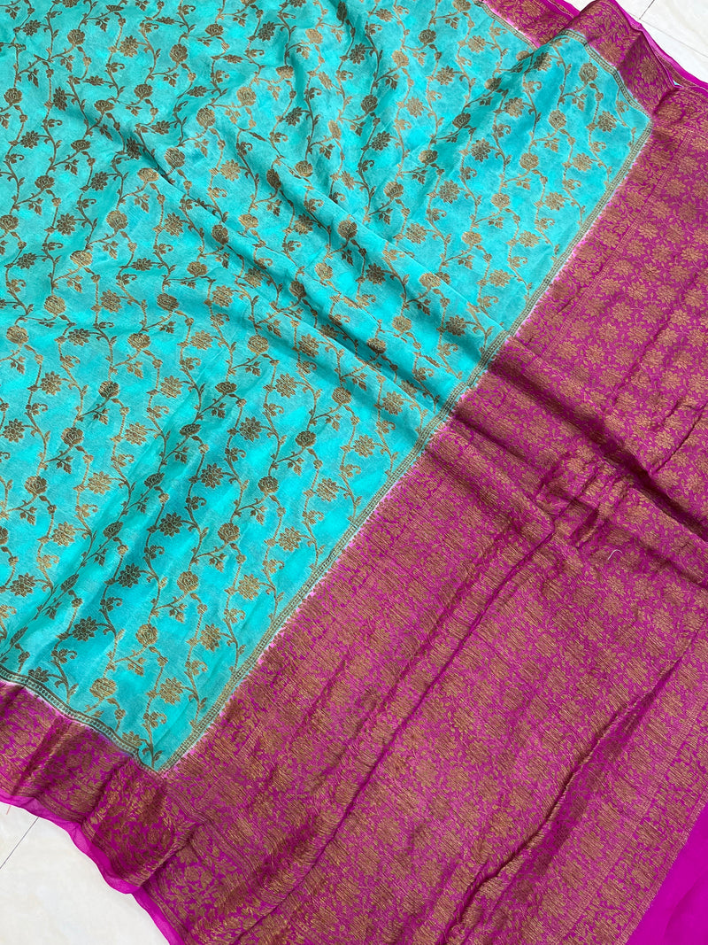 Turquoise Pure Chiffon Khaddi Banarasi Saree - The Handlooms