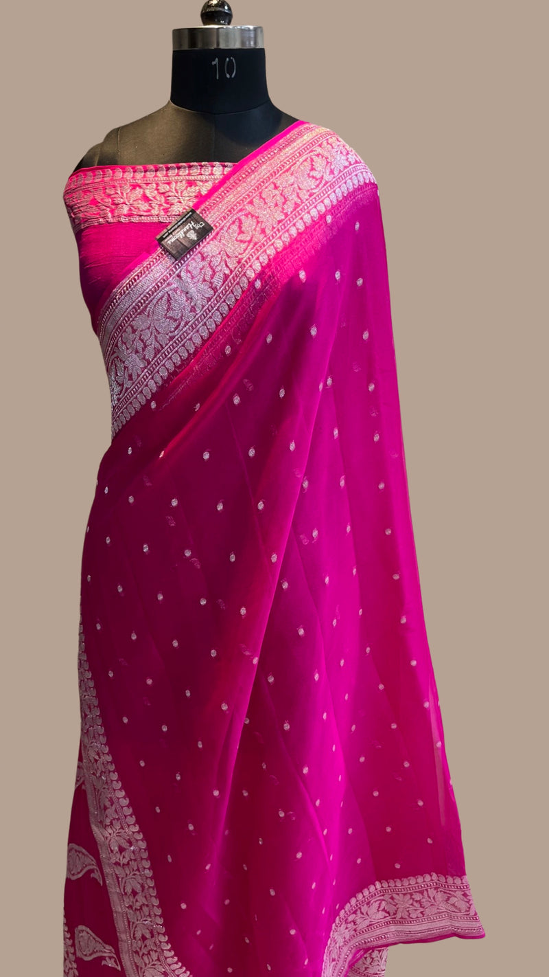 Pure Georgette Banarasi Handloom Saree - rani - The Handlooms