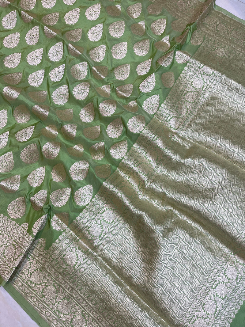 Pista Pure Katan Silk Banarasi Handloom Saree - All over Motifs - The Handlooms