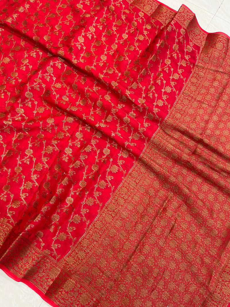 Red Pure Chiffon Khaddi Banarasi Saree - The Handlooms