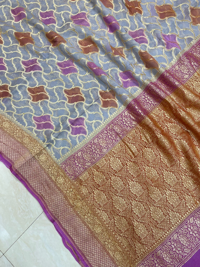 Khaddi Georgette Handloom Banarasi Saree - Gold Zari - The Handlooms
