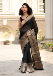 Black Pure linen Banarasi Saree - The Handlooms