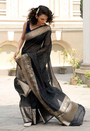 Black Pure linen Banarasi Saree - The Handlooms
