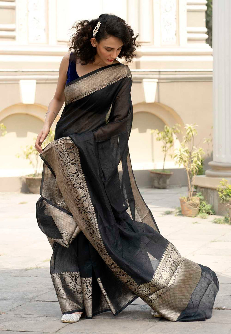 Black Pure linen Banarasi Saree - The Handlooms