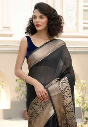 Black Pure linen Banarasi Saree - The Handlooms