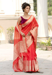 Red Pure linen Banarasi Saree - The Handlooms