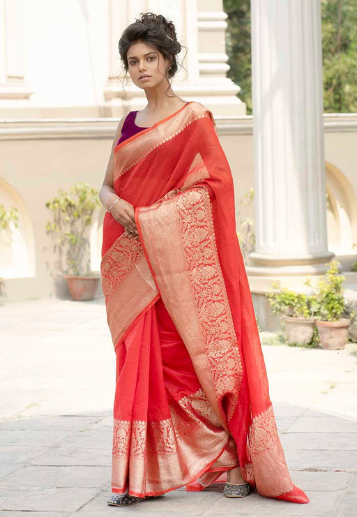 Red Pure linen Banarasi Saree - The Handlooms