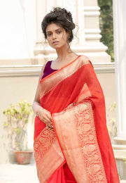 Red Pure linen Banarasi Saree - The Handlooms