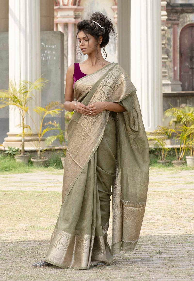 Pista Pure linen Banarasi Saree - The Handlooms