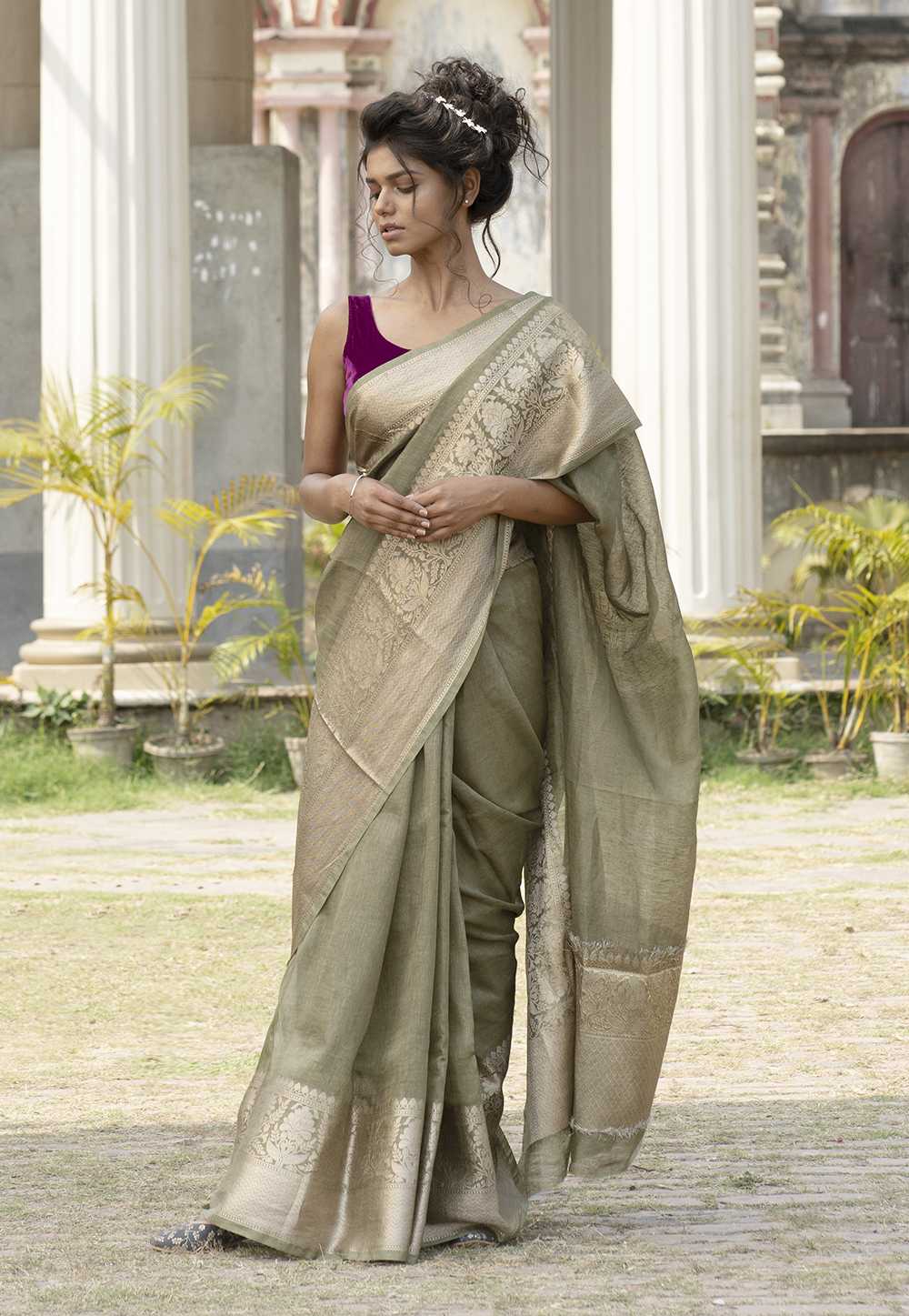 Pista Pure Linen Banarasi Saree — The Handlooms