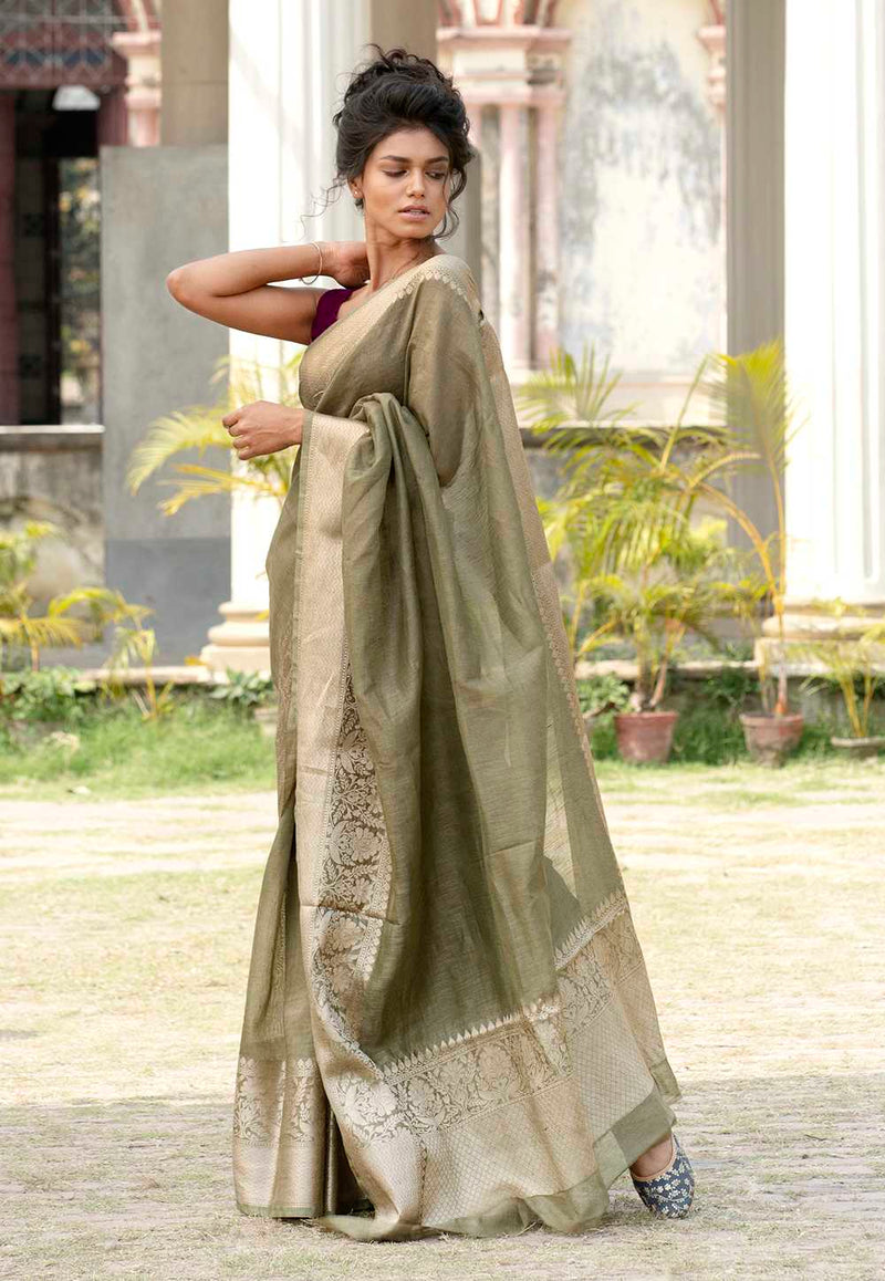 Pista Pure linen Banarasi Saree - The Handlooms