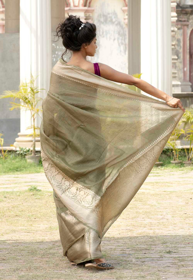 Pista Pure linen Banarasi Saree - The Handlooms