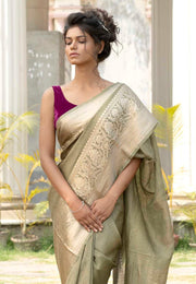 Pista Pure linen Banarasi Saree - The Handlooms
