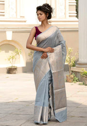 Grey Pure linen Banarasi Saree - The Handlooms