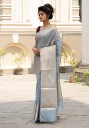 Grey Pure linen Banarasi Saree - The Handlooms