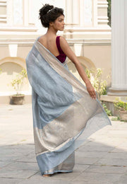 Grey Pure linen Banarasi Saree - The Handlooms