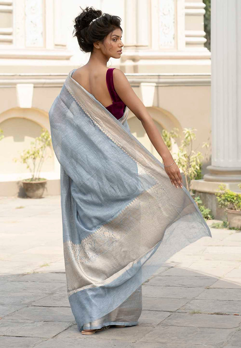 Grey Pure linen Banarasi Saree - The Handlooms