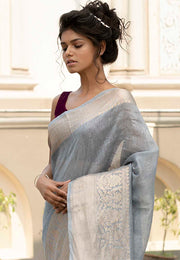 Grey Pure linen Banarasi Saree - The Handlooms