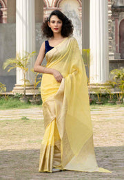Light Lemon Yellow Pure linen Banarasi Saree - The Handlooms