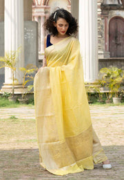 Light Lemon Yellow Pure linen Banarasi Saree - The Handlooms