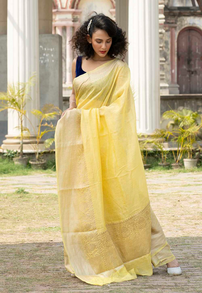 Light Lemon Yellow Pure linen Banarasi Saree - The Handlooms