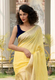 Light Lemon Yellow Pure linen Banarasi Saree - The Handlooms