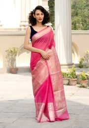 Hot Pink Pure linen Banarasi Saree - The Handlooms