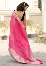 Hot Pink Pure linen Banarasi Saree - The Handlooms