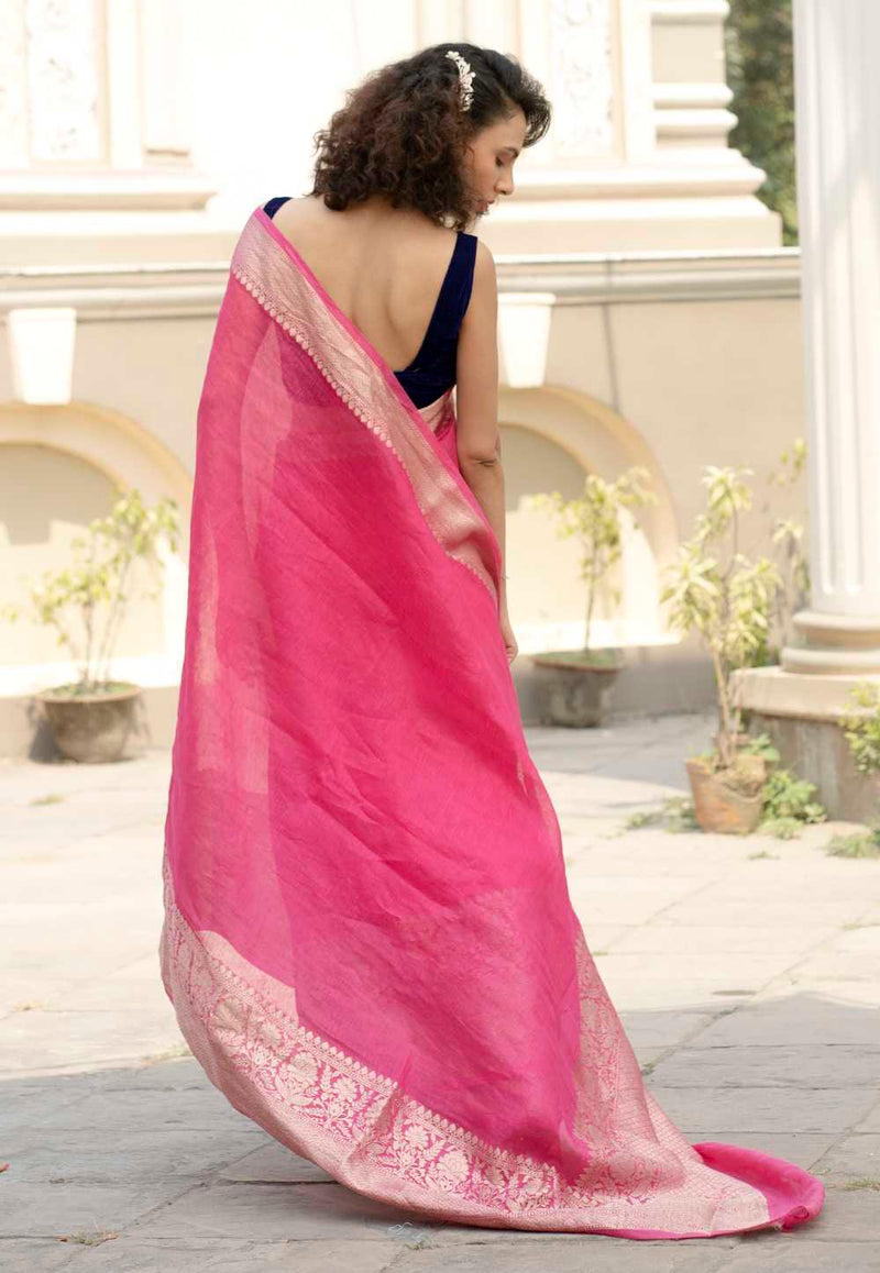 Hot Pink Pure linen Banarasi Saree - The Handlooms