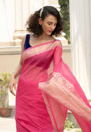 Hot Pink Pure linen Banarasi Saree - The Handlooms
