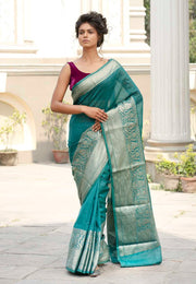 Teal Green Pure linen Banarasi Saree - The Handlooms