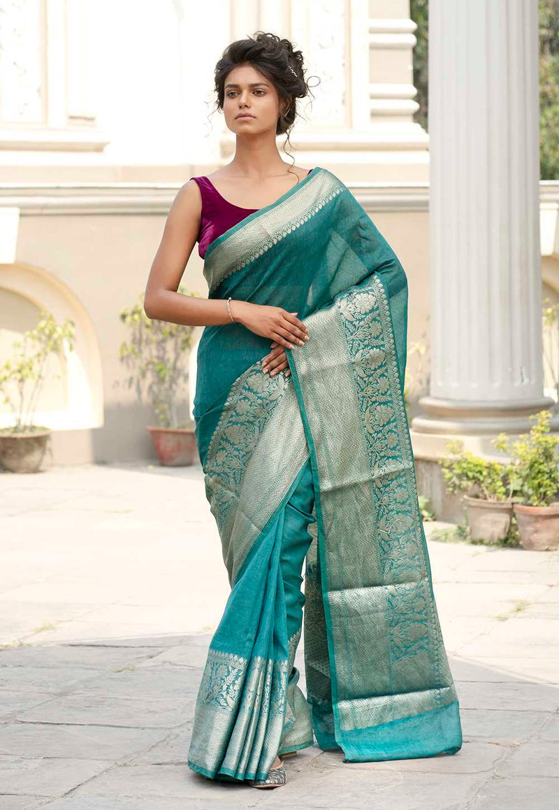 Teal Green Pure linen Banarasi Saree - The Handlooms