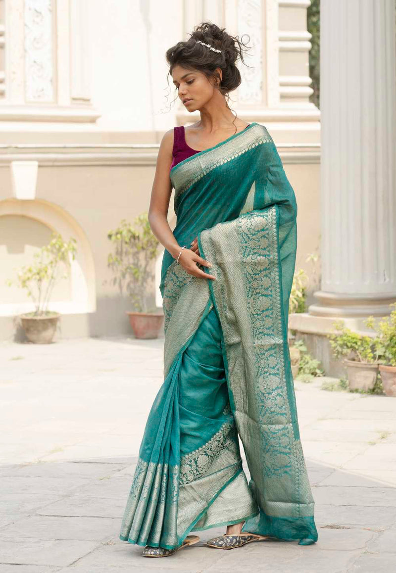 Teal Green Pure linen Banarasi Saree - The Handlooms