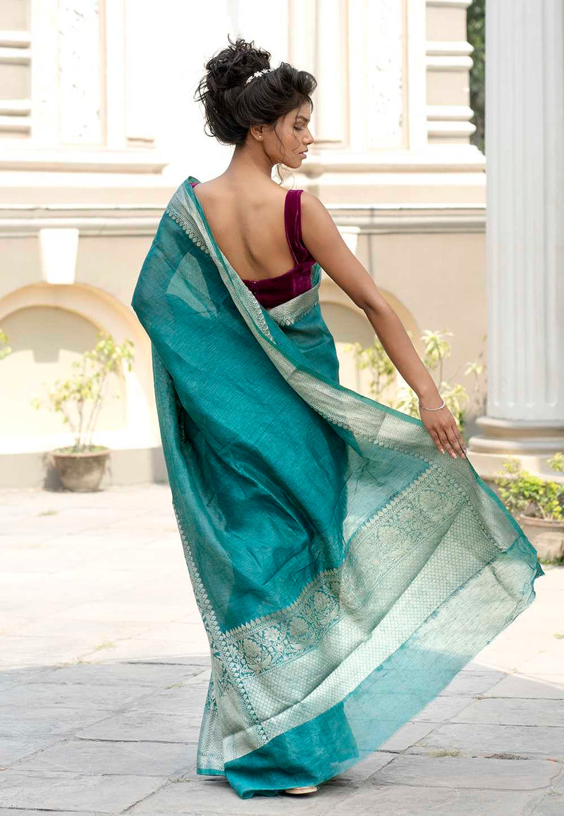 Teal Green Pure linen Banarasi Saree - The Handlooms