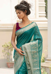 Teal Green Pure linen Banarasi Saree - The Handlooms
