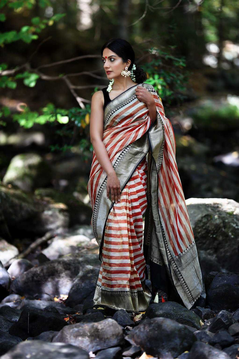 Pure Tissue Reshmi zari Stripe Banarasi Saree - The Handlooms