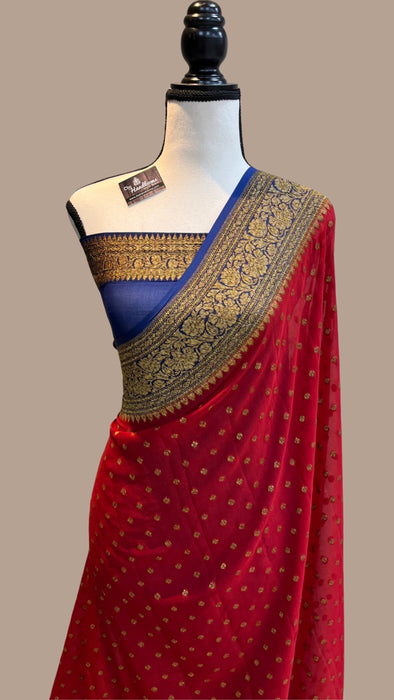 Red with blue Khaddi Georgette Banarasi Saree -  Antique zari - The Handlooms