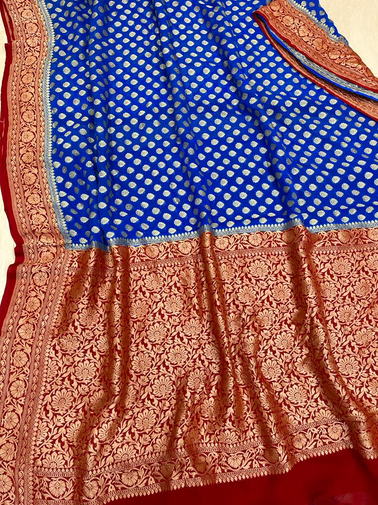 Khaddi Georgette Handloom Banarasi Saree - Gold Zari - The Handlooms