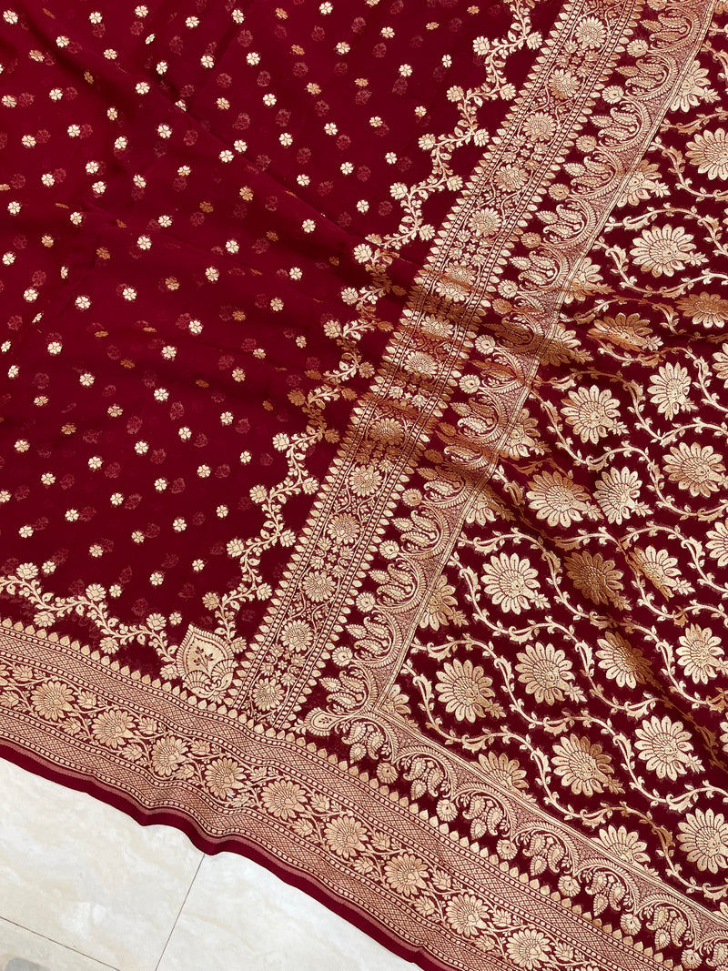Maroon Khaddi Georgette Handloom Banarasi Saree - Gold zari - The Handlooms