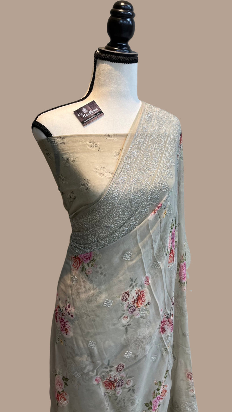 Pure Georgette  Digital Print with Chikankari Handloom Banarasi Saree - The Handlooms