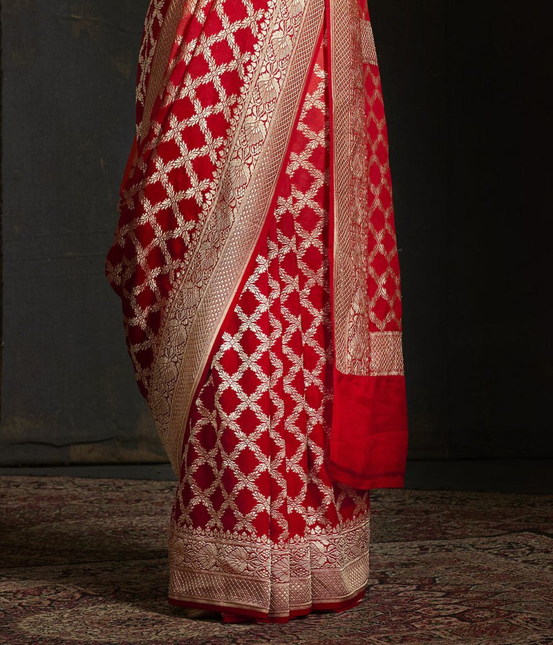 Red Khaddi Georgette Banarasi Saree -  Gold zari - The Handlooms
