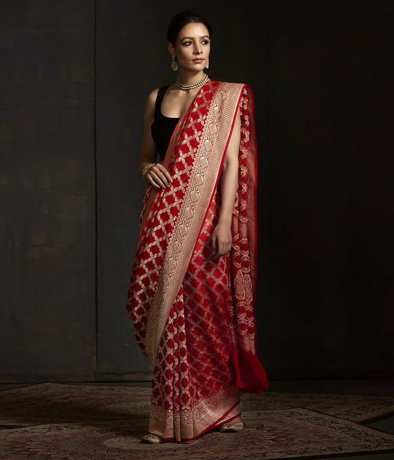 Red Khaddi Georgette Banarasi Saree -  Gold zari - The Handlooms